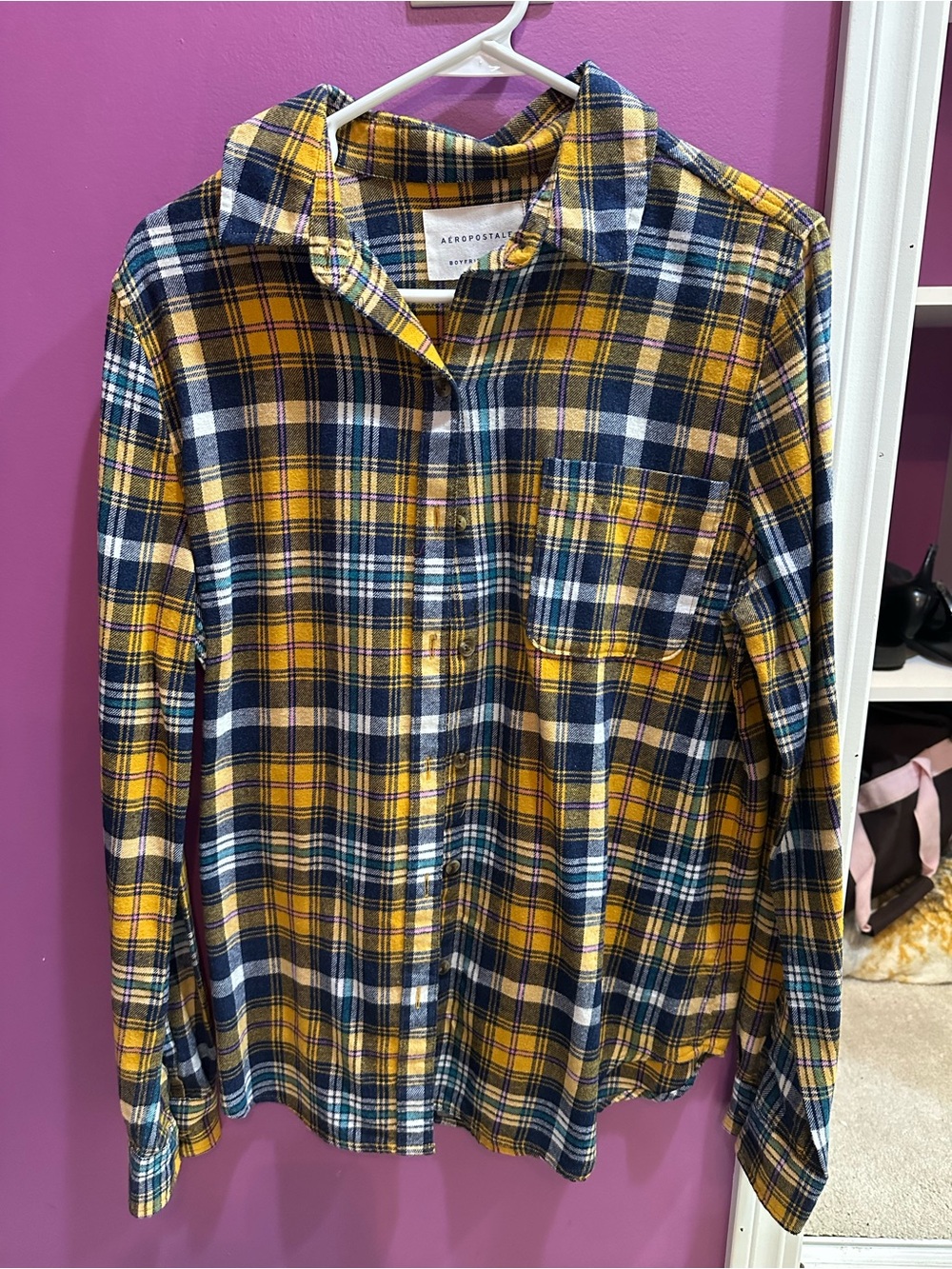 Aeropostale Yellow and Navy Plaid Button-Down Shirt